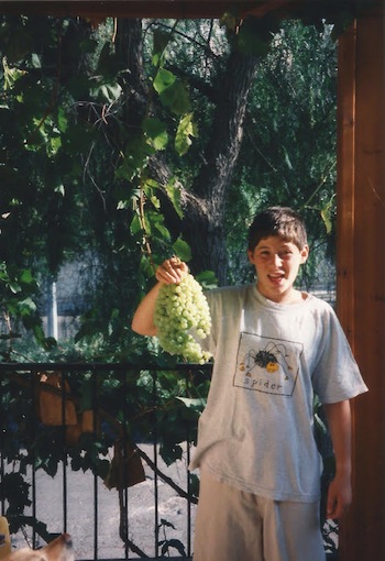 photo - Ilan Rubin Fields holds a cluster of grapes from the family’s grapevine