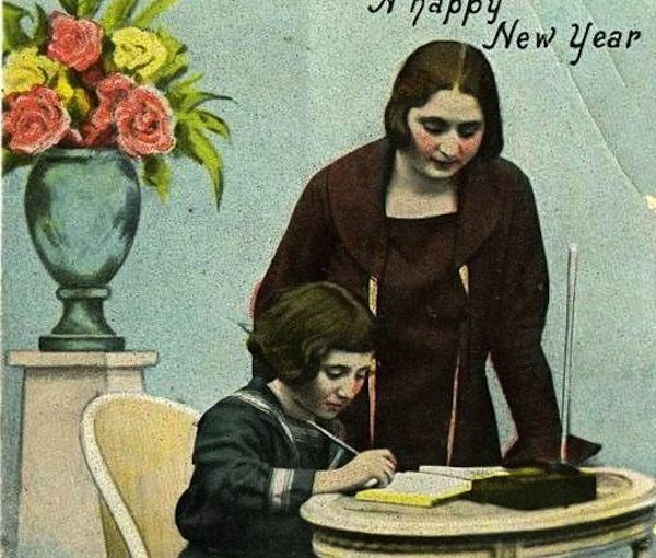 image - One of the family cards, produced 100 years ago, that is currently on long-term loan in the folklore department of the Hebrew University of Jerusalem, on Mt. Scopus. It is from the Chaya and Chana Gitelman Collection. (cropped)