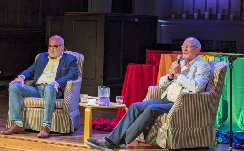 photo - Co-authors Raja G. Khouri, left, and Jeffrey J. Wilkinson in a conversation at Canadian Memorial United Church and Centre for Peace June 13