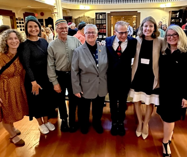 photo - Left to right: Congregation Emanu-El president Ilana Stanger-Ross, MLA Grace Lore, Prof. Richard Kool, Victoria Mayor Marianne Alto, Emanu El’s Rabbi Harry Brechner, MP Laura Collins and MLA Lana Popham on Aug. 18 at the shul’s 160th birthday party