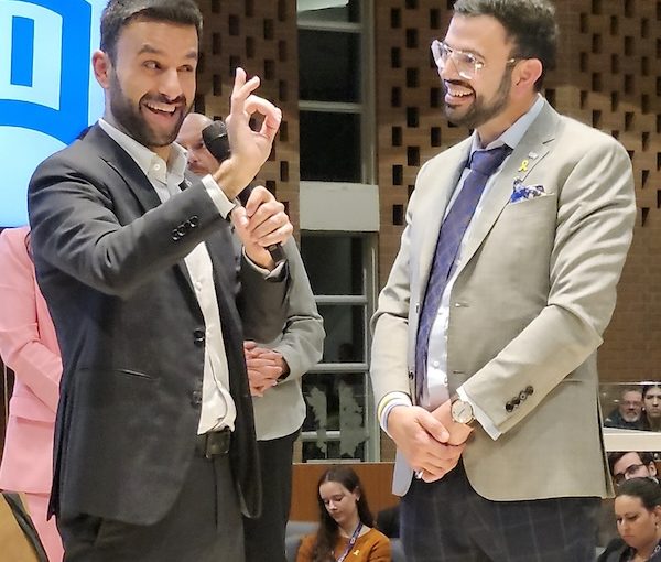 photo - In Toronto, Yoseph Haddad, left, with Daniel Koren, founder and executive director of Allied Voices for Israel, which sponsored Haddad’s Canadian tour